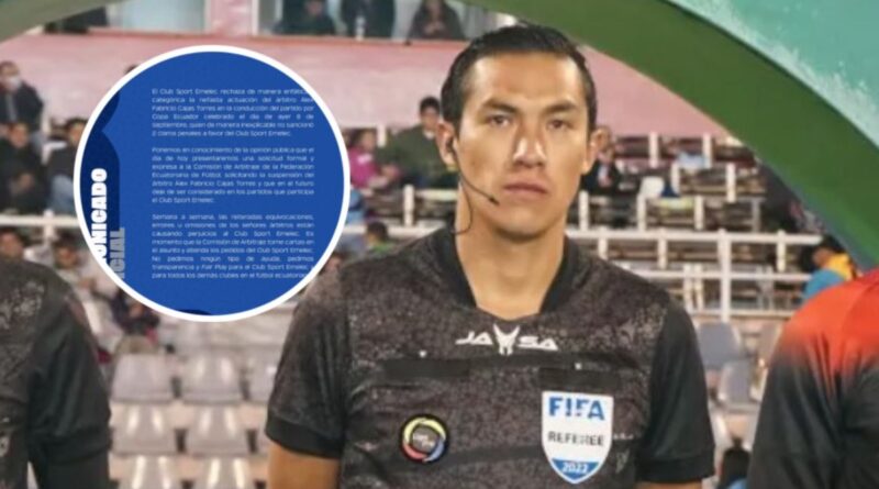 Emelec cuestiona el arbitraje de Álex Cajas en el duelo ante Técnico Universitario y pide que no vuelva a dirigir sus partidos.