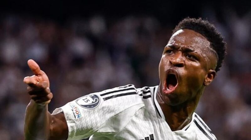 Vinícius Jr. celebra un gol del Real Madrid en Champions League.