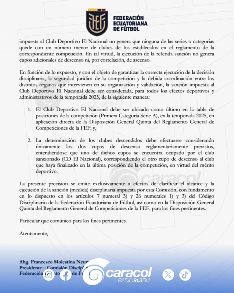 Parte del documento que envió la FEF a la LigaPro. 