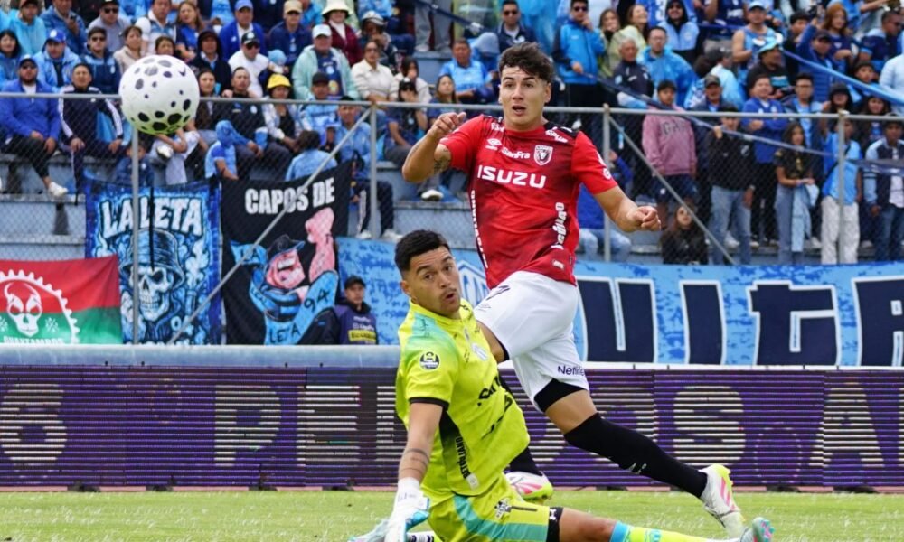 Tobías Coppo, de Leones FC, patea al arco del golero Rodrigo Rodríguez, de Macará. Foto: API