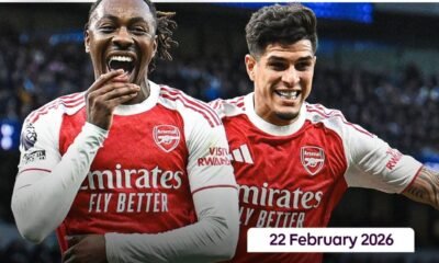 Eze festeja con Piero Hincapié el segundo gol del Arsenal, que le anotó al Tottenham, este 22 de febrero del 2026.