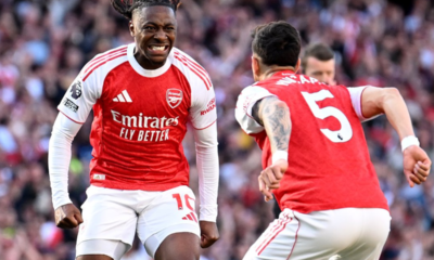 Eze y Piero Hincapié celebran el gol del triunfo del Arsenal. Foto: Premier League
