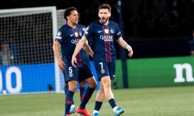 Khvicha Kvaratskhelia y Marquinhos celebran el triunfo del PSG en la Champions 1. Foto: PSG