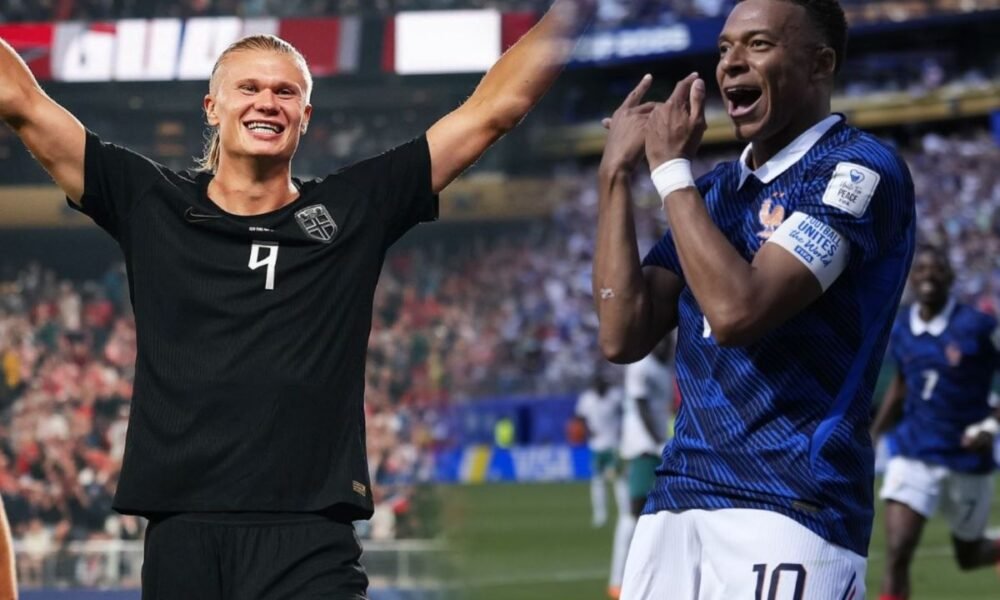Erling Haaland y Kylian Mbappé en sus respectivos dobletes. Foto: Selección de Noruega y Selección de Francia