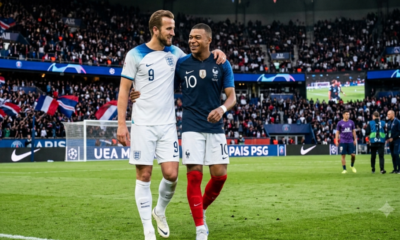 Harry Kane y Kylian Mbappé de las selecciones de Inglaterra y Francia. Foto: creada con IA