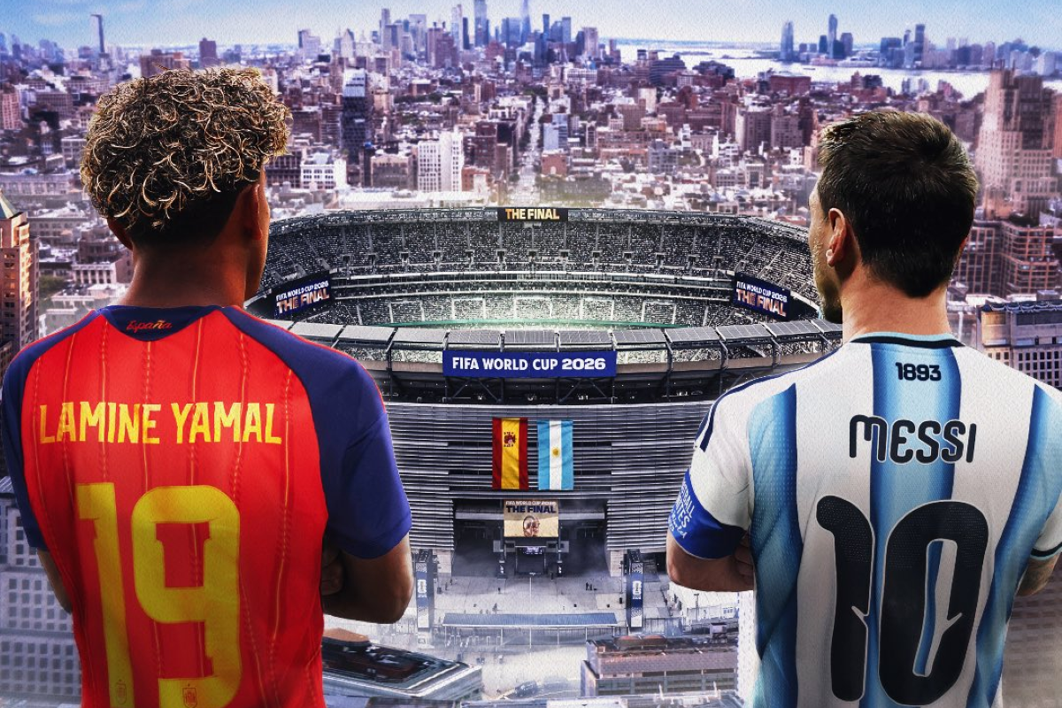 Arte de Lamine Yamal y Lionel Messi viendo la sede de la final del Mundial. Foto: FIFA