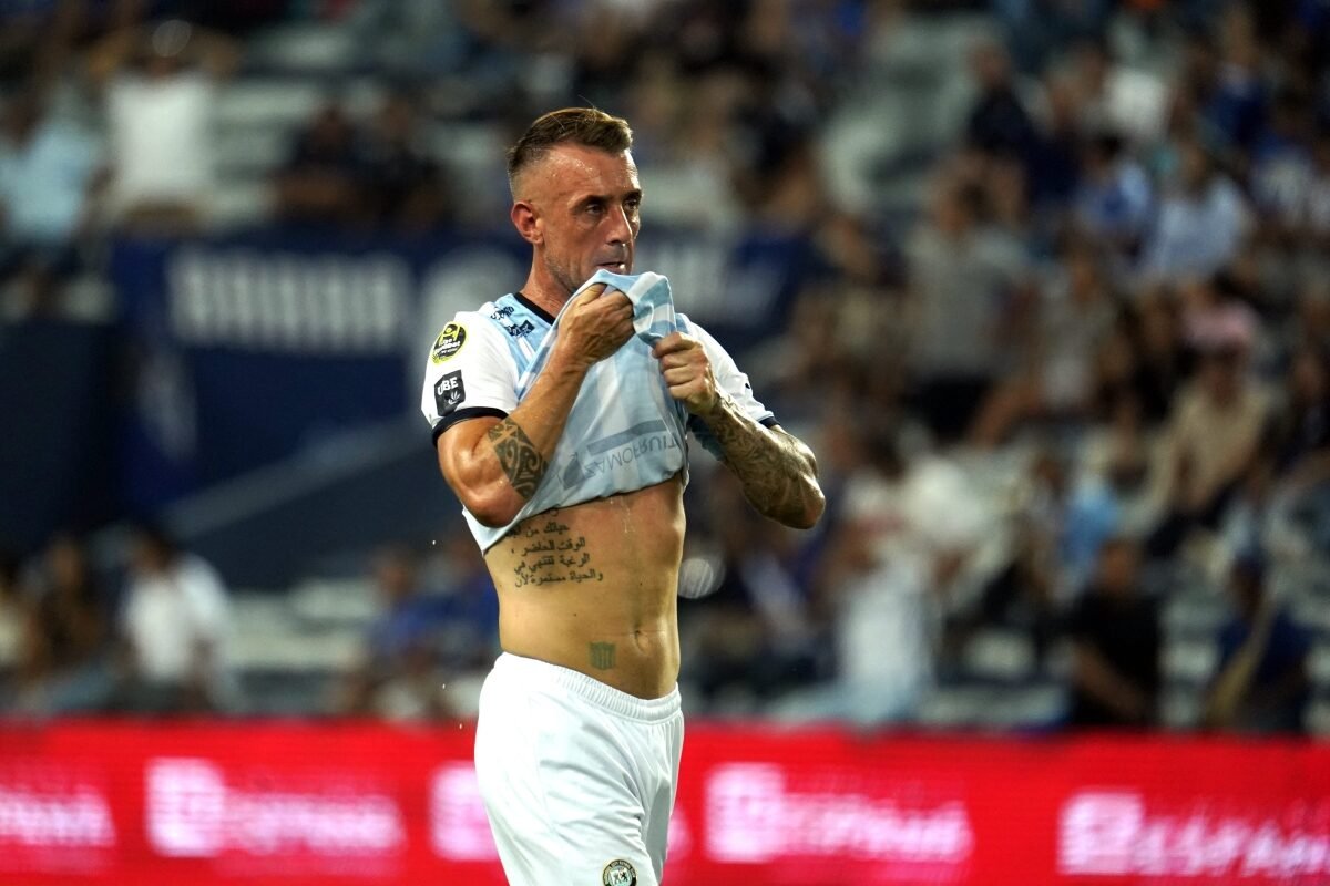 Damián Díaz en el doblete ante Emelec en abril de 2026. Foto API