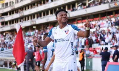 Michael Estrada en su hat trick ante Leones FC por Copa Ecuador. Foto API