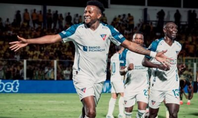 Michael Estrada celebra su gol frente a Mirassol en Conmebol Libertadores. Foto: LDU