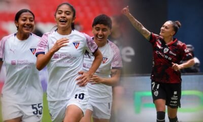 Rosa Flores, de Guerreras Albas celebrando el gol y Karen Páez, de Dragonas IDV, celebrando el gol. Foto: Superliga Femenina