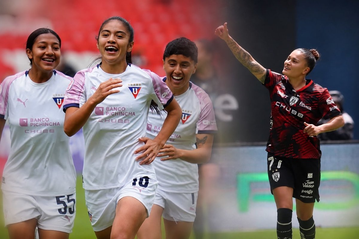 Rosa Flores, de Guerreras Albas celebrando el gol y Karen Páez, de Dragonas IDV, celebrando el gol. Foto: Superliga Femenina