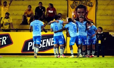 Macará celebra un gol ante Barcelona, el 8 de agosto de 2026. Foto: API