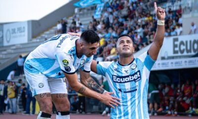Édison Mero, de Guayaquil City, festeja su gol ante Mushuc Runa. Foto: Guayaquil City