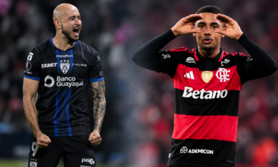 Carlos González, de IDV, y Samuel Lino, de Flamengo celebran sus goles en Libertadores. Fotos: API y Flamengo