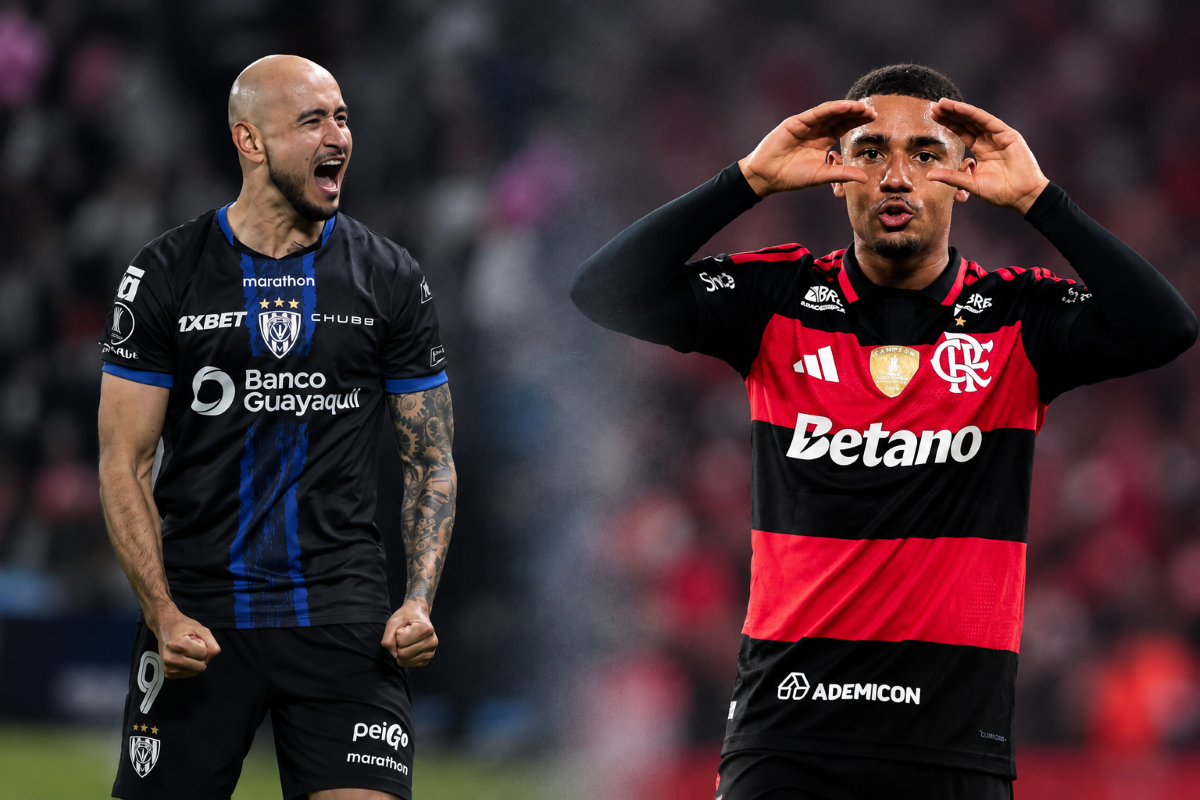 Carlos González, de IDV, y Samuel Lino, de Flamengo celebran sus goles en Libertadores. Fotos: API y Flamengo