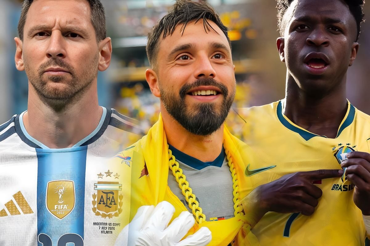 Lionel Messi, Hernán Galíndez y Vini Jr en sus respectivas selecciones. Foto: Conmebol, La Tri y Selección de Brasil