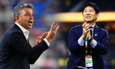 Marcelo Gallardo, entrenador de la Selección de Ecuador y Hijame Moriyasu, entrenador de la Selección de Japón. Foto: Conmebol y Selección de Japón