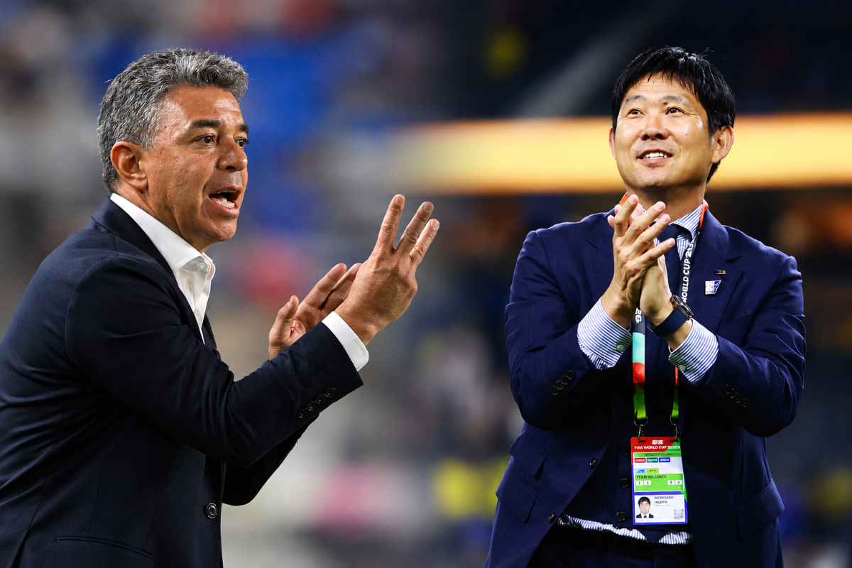 Marcelo Gallardo, entrenador de la Selección de Ecuador y Hijame Moriyasu, entrenador de la Selección de Japón. Foto: Conmebol y Selección de Japón