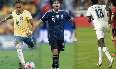 Raphinha, Julián Álvarez y Riquelme Angulo con sus selecciones. Fotos: Selección de Brasil, Julián Álvarez, Riquelme Angulo
