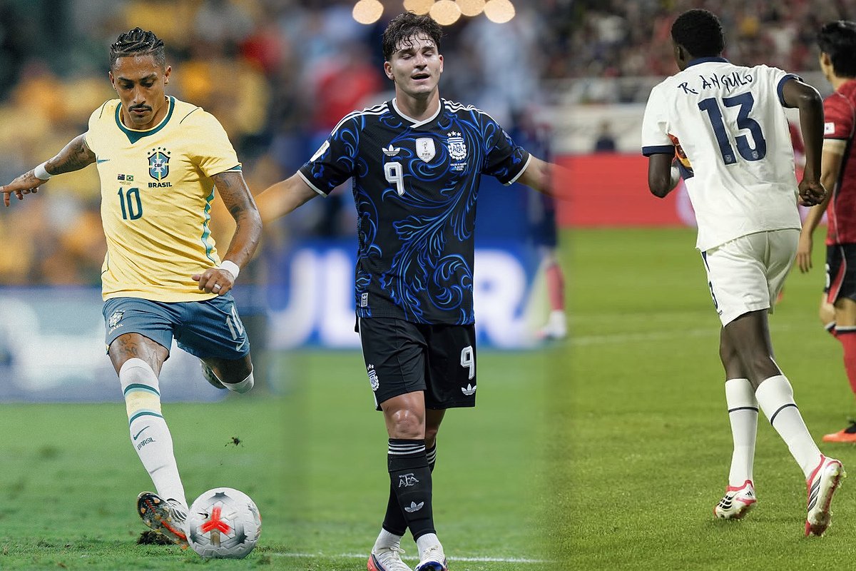 Raphinha, Julián Álvarez y Riquelme Angulo con sus selecciones. Fotos: Selección de Brasil, Julián Álvarez, Riquelme Angulo