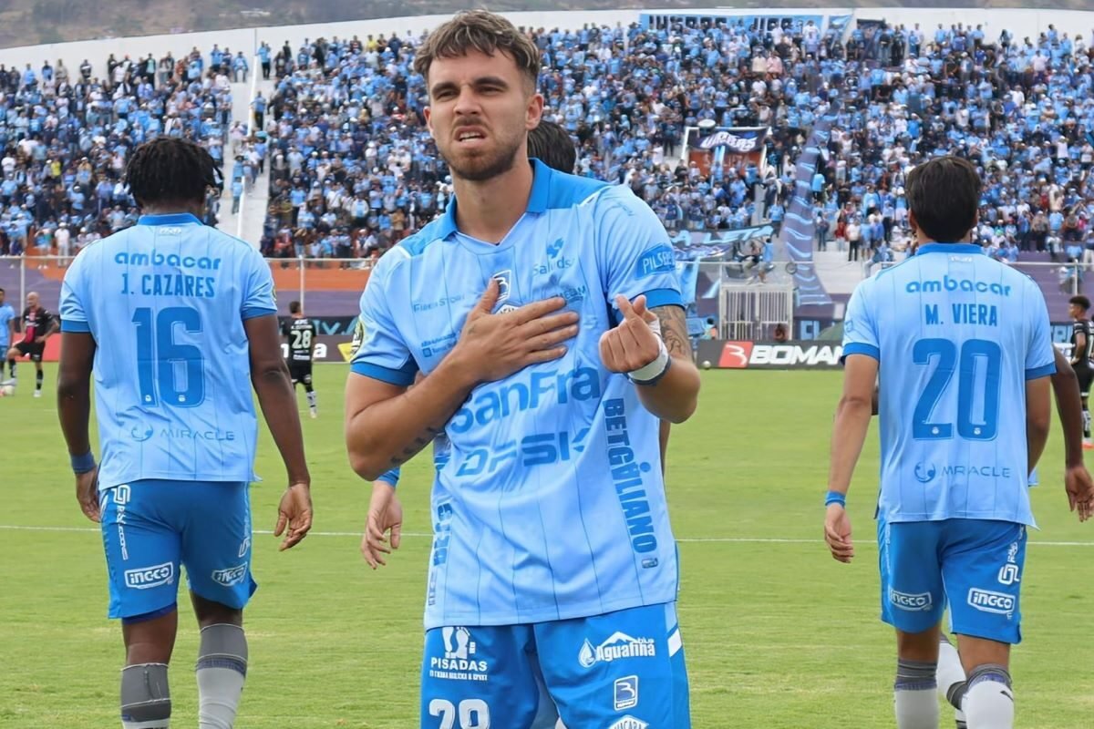 Agustín Campana en el gol que le anotó a IDV en la fecha 3 de la LigaPro. Foto Macará