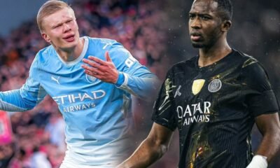 Erling Haaland del Manchester City y Willian Pacho del PSG. Foto Manchester City PSG