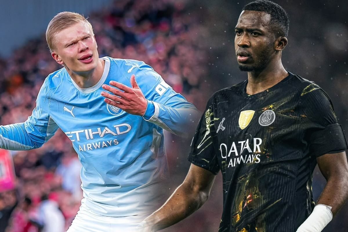 Erling Haaland del Manchester City y Willian Pacho del PSG. Foto Manchester City PSG