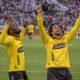 Jugadores de Barcelona SC celebrando el autogol de Liga de Quito en la fecha 2 del hexagonal. Foto Barcelona SC